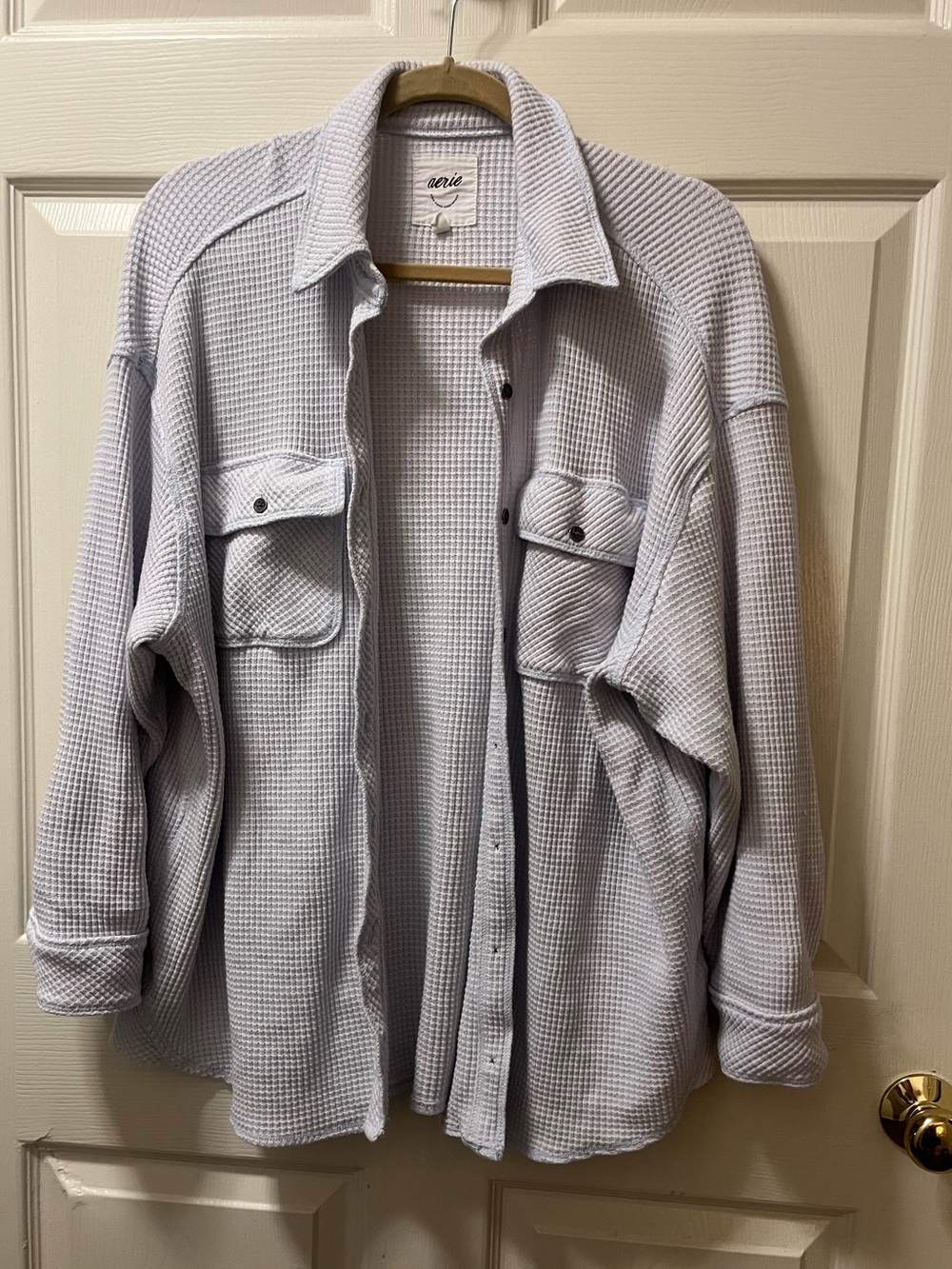 Aerie LumberJane Waffle Shirt Jacket Oversized Shacket Womens Size Small Lt Blue